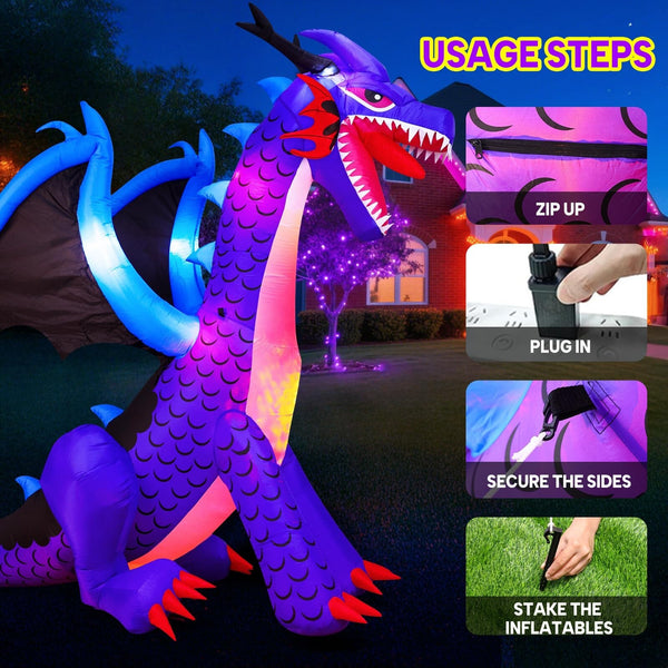 8FT Halloween Dragon Inflatable with LED Lights - Outdoor Yard Decor