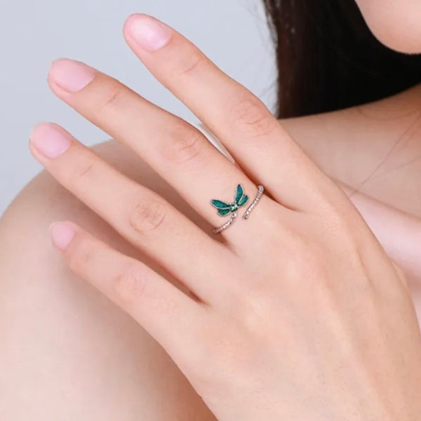 Sterling Silver Dragonfly Opening Ring Adjustable Ring Pave Setting CZ New