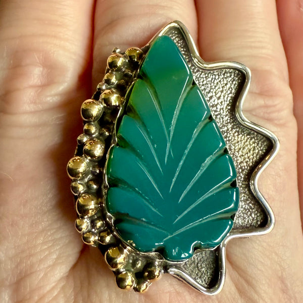 Carved Green Onyx Gemstone Sterling Silver Jewelry Adjustable Statement Ring