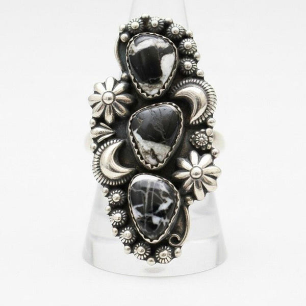 White Buffalo Turquoise Ring Sterling Silver 925 Triple Stone Moon Flower Size 6