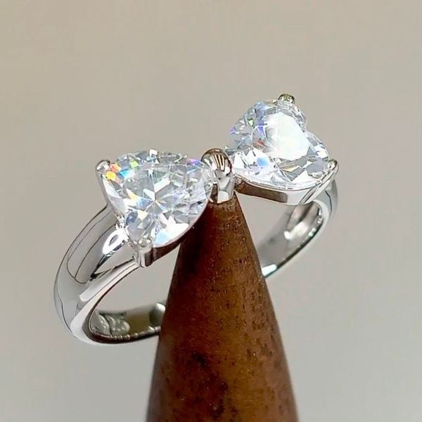 Sterling Silver Bow Heart Ring Clear CZ Stones Sparkling Double Heart Design