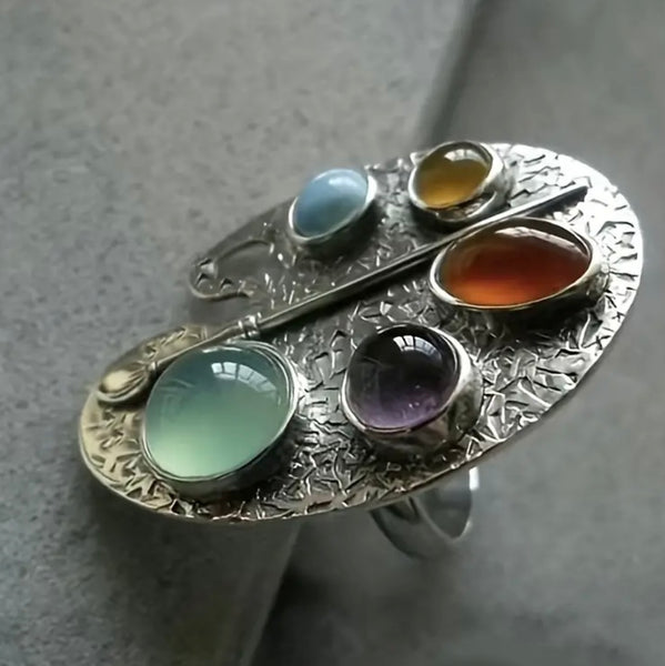 Rainbow Gemstone Painter Palette Design Womens Colorful Casual Adjustable Ring