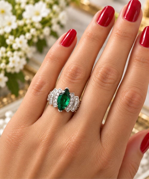925 Sterling Silver Emerald Green Marquise Cut CZ Statement Cocktail Ring Size 6