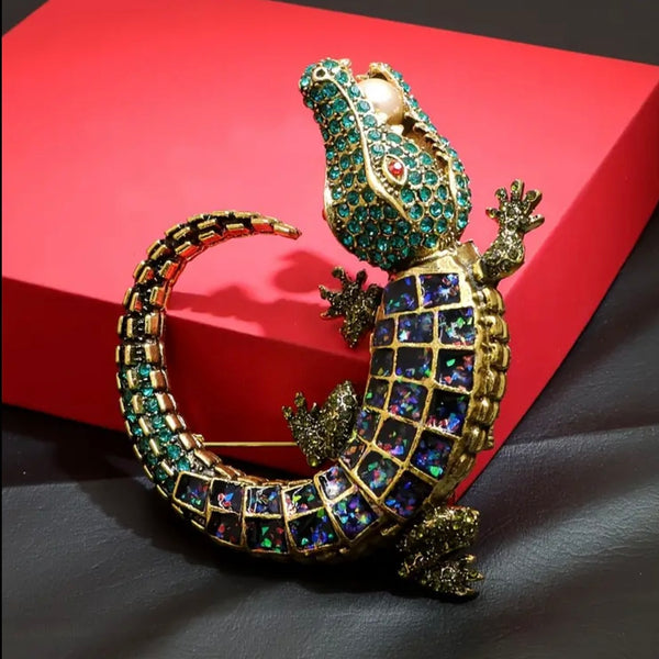 Stunning Chic Rhinestone Crocodile Large Brooch Boho Pin Bold Dazzling New