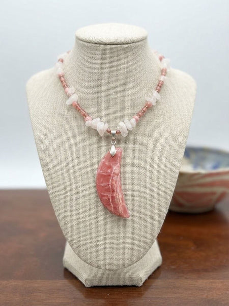Vintage Pink Rhodochrosite Crescent Moon Pendant Necklace Crystal Chip Beaded