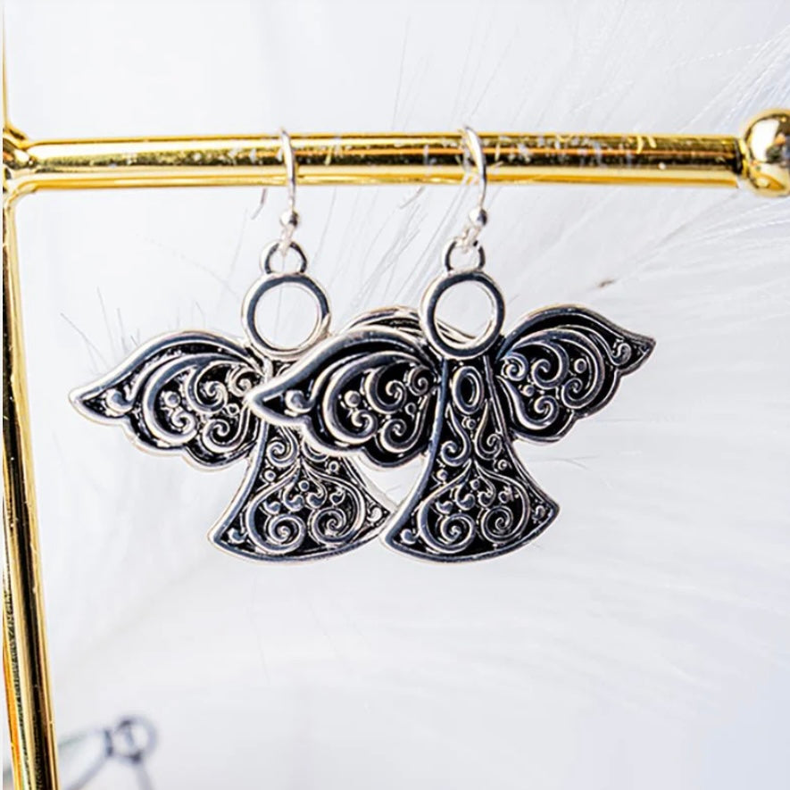 Cute Silver Filigree Angel Dangle Earrings Casual Women Girls Gift New