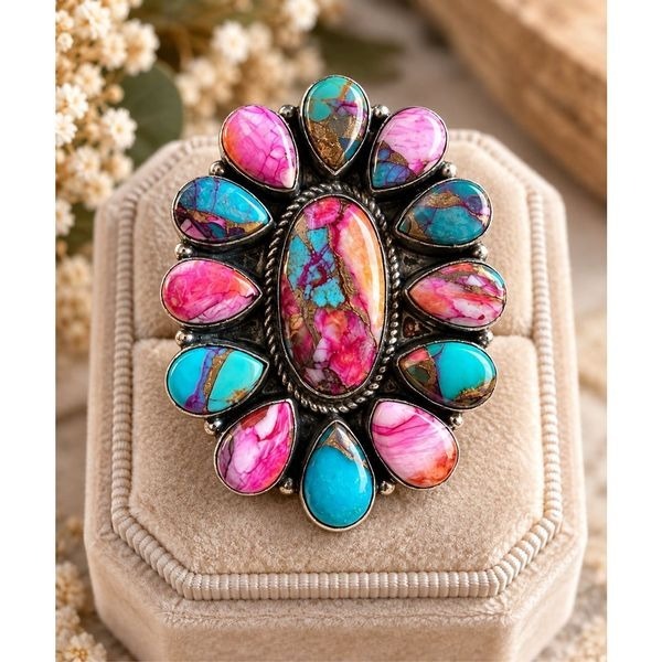 Southwestern Pink Dahlia Turquoise Statement Silver Ring Boho Artisan Design 6
