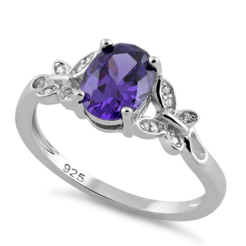 Sterling Silver Double Butterfly Amethyst Center Stone Ring Size 6