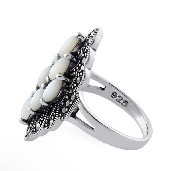 Sterling Silver Mother of Pearl Marquise Marcasite Ring Size 6 New