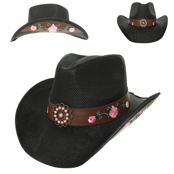 Western Straw Woven Cowboy Hat with Pink Floral