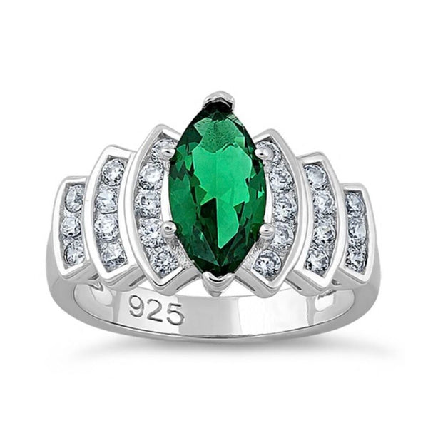 925 Sterling Silver Emerald Green Marquise Cut CZ Statement Cocktail Ring Size 6