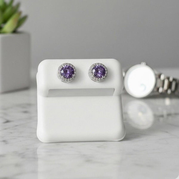 New Amethyst CZ Halo Stud Earrings 925 Sterling Silver Round Brilliant Cut