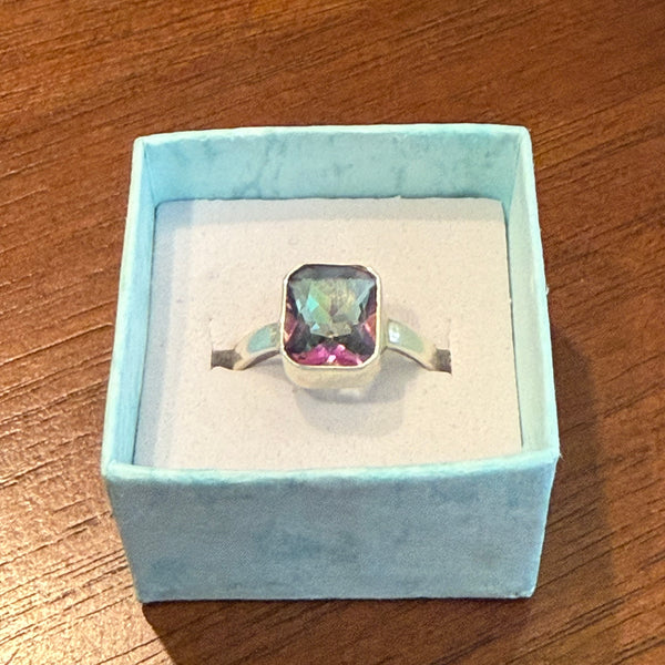 Genuine 2.5ct Mystic Rainbow Topaz Emerald Cut 925 Sterling Silver Ring Size 6 New