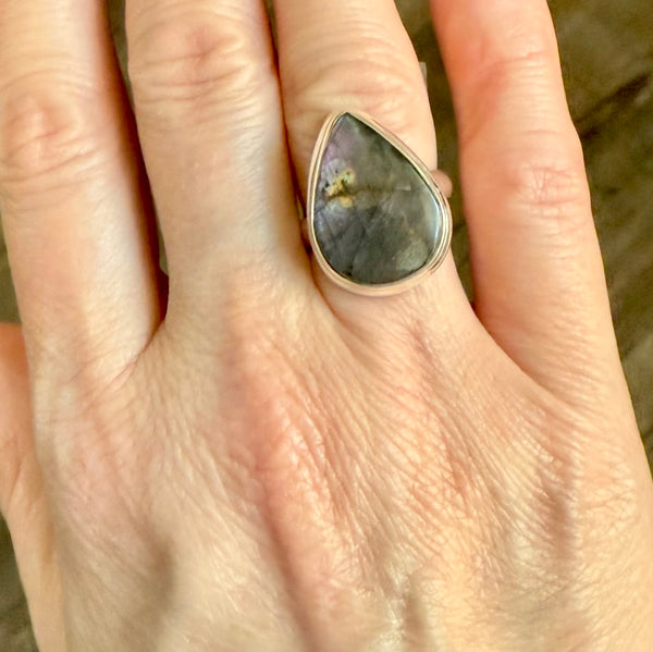 Stunning Fire Labradorite Tear Drop Sterling Silver Statements Ring New