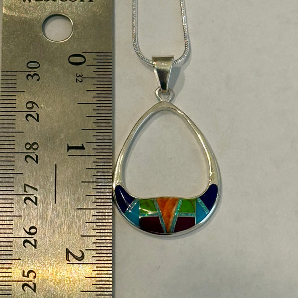 Native American Turquoise Multi Stone Inlaid Sterling Silver Pendant Necklace