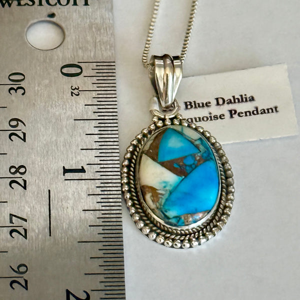 Southwestern Ice Blue Dahlia Turquoise Oval  Pendant Necklace Sterling Silver
