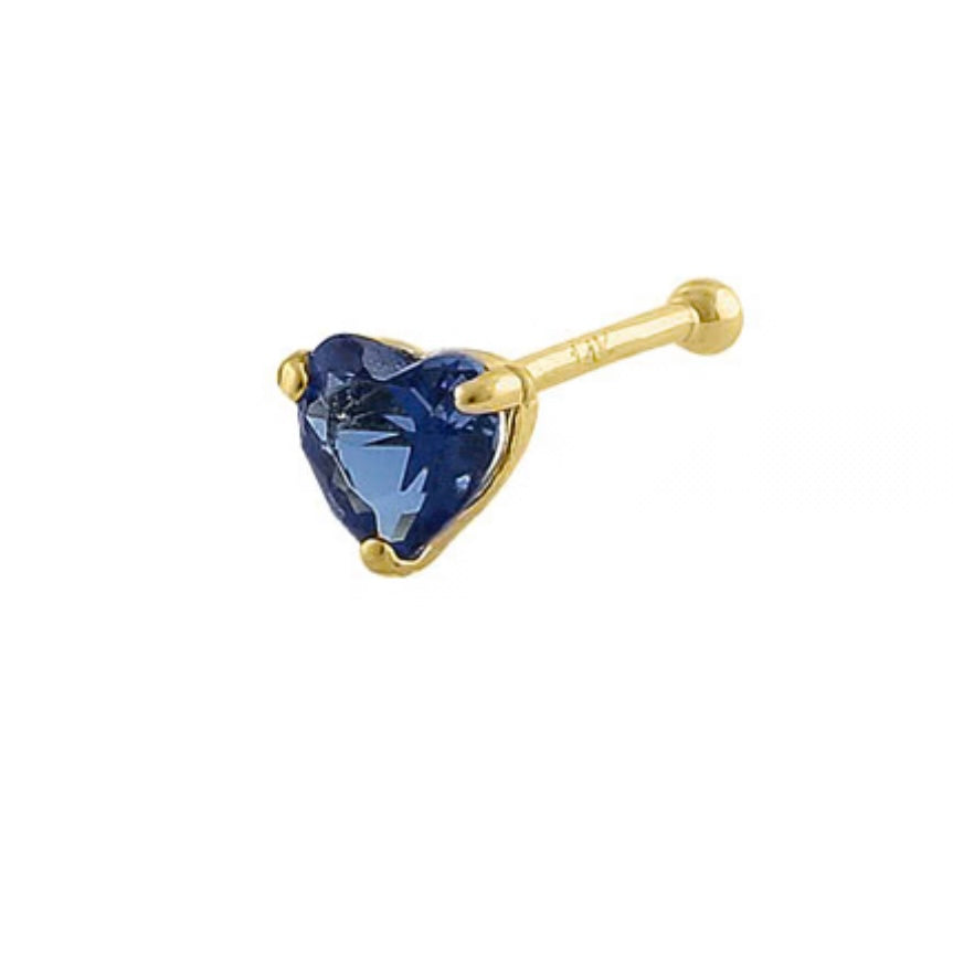 Solid 14K Yellow Gold Blue Sapphire Heart CZ Straight Nose Stud