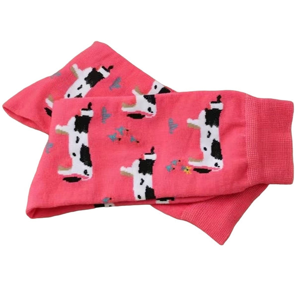 Womens Western Farm Barbie Pink Funny Graphics Cow Print Crew Socks