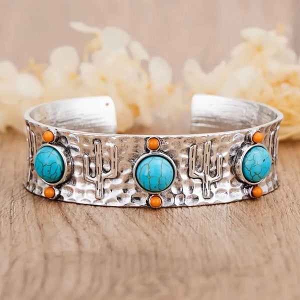 Desert Cactus Silver Bracelet Womens Casual Western Cuff New