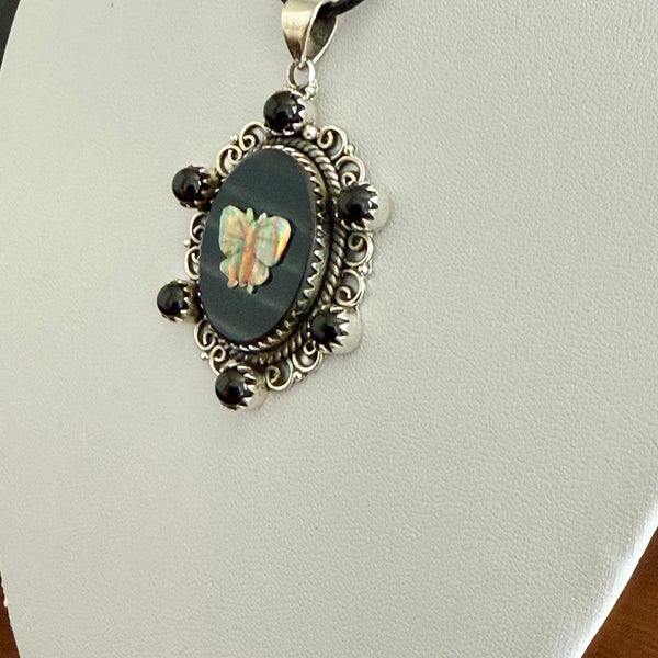 Southwestern Onyx And Opal Butterfly Cameo Oval Necklace Pendant Sterling Silver