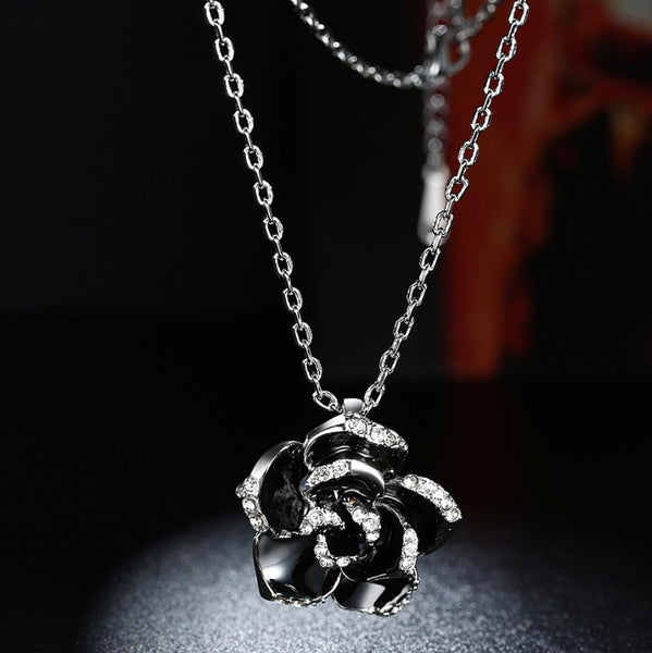 Sterling Silver Black Flower Enamel Drip Rhinestone Necklace Womens New
