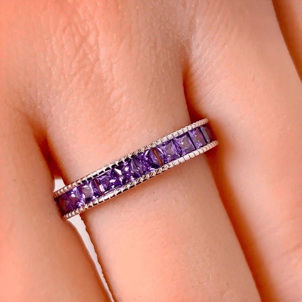 Sterling Silver Purple Amethyst CZ Eternity Band Ring Size 6 New
