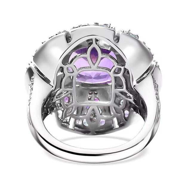 Amethyst Moissanite Multi Gemstone 5.85 ctw Floral Ring Sterling Silver Size 7
