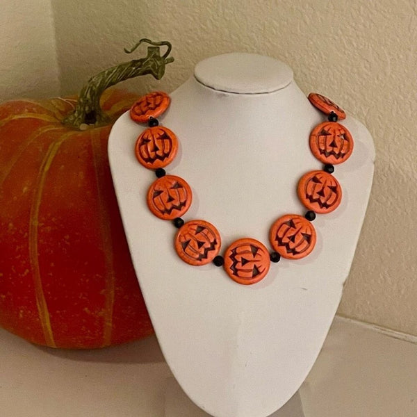 Trendy Orange Dyed Jack O Lantern Stone Beaded Necklace