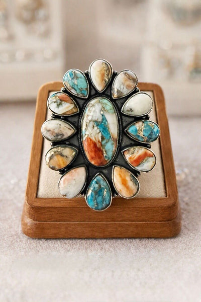 Southwestern Spiny Oyster Turquoise Statement Silver Ring Boho Artisan Design 7