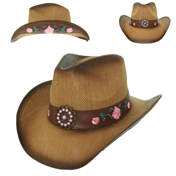 Western Straw Woven Cowboy Hat with Pink Floral