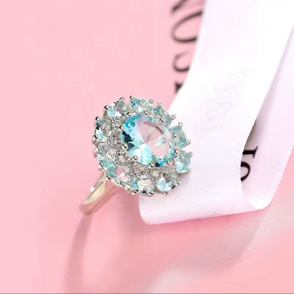 Stunning Round Aquamarine Zircon Sterling Silver Statement Ring Multi Stone New