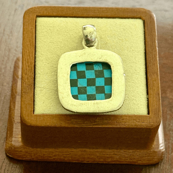 Southwest Kingman Turquoise & Onyx Heart Checkerboard Sterling Silver Necklace