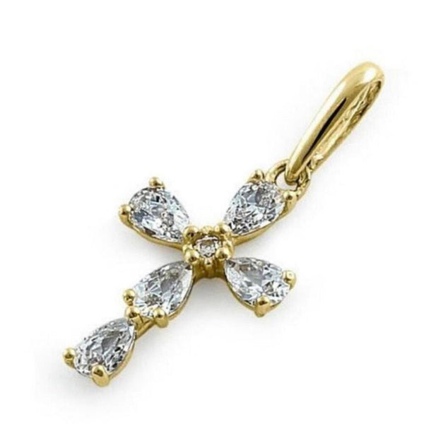 Solid 14k Yellow Gold Cross Pendant Necklace CZ Stones Small Dainty Chain New