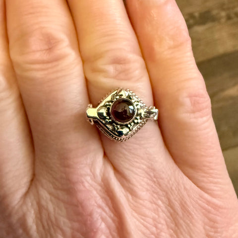 Round Cut Red Garnet Gemstone Poison Locket Box Ring Boho Sterling Silver New