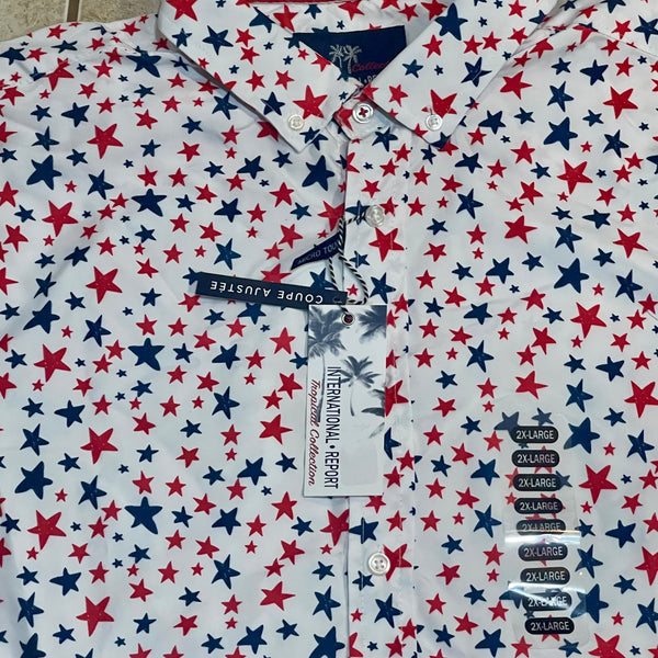 Men's Sz 2XL Shirt Button Up Red White & Blue Patriotic Star Casual Top New