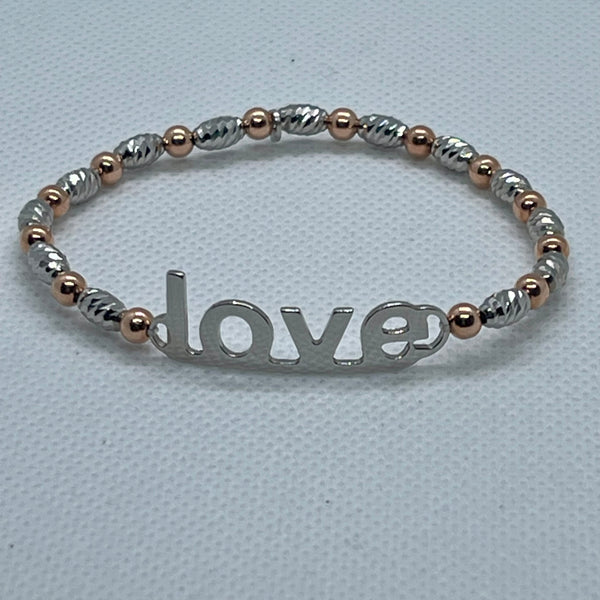 Italian Sterling Silver Spiral Rose Gold Plated Ball Beaded “Love” Bracelet