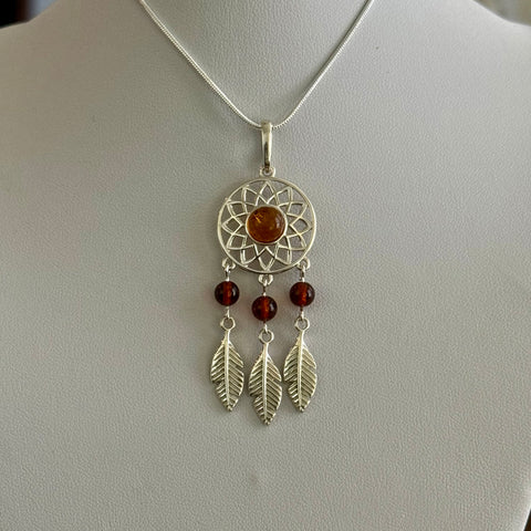 Baltic Amber Dreamcatcher Sterling Silver Pendant Necklace Southwestern Boho