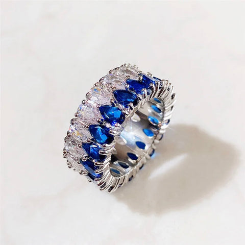 Sapphire CZ Waterdrop Crystal Double Row Eternity Ring Womens Size 8.75