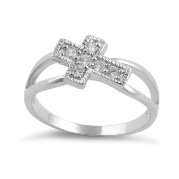 Sterling Silver Sideway Cross CZ Ring Size 6 New