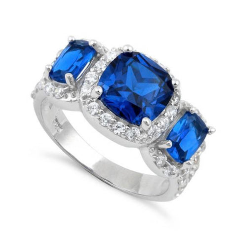 Stunning Sterling Silver Blue Sapphire Three Stone Halo CZ Ring Size 6 New
