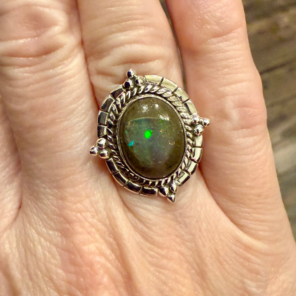 Stunning Boulder Opal Ring Southwestern Oval  Framed Sterling Silver Size 7 New