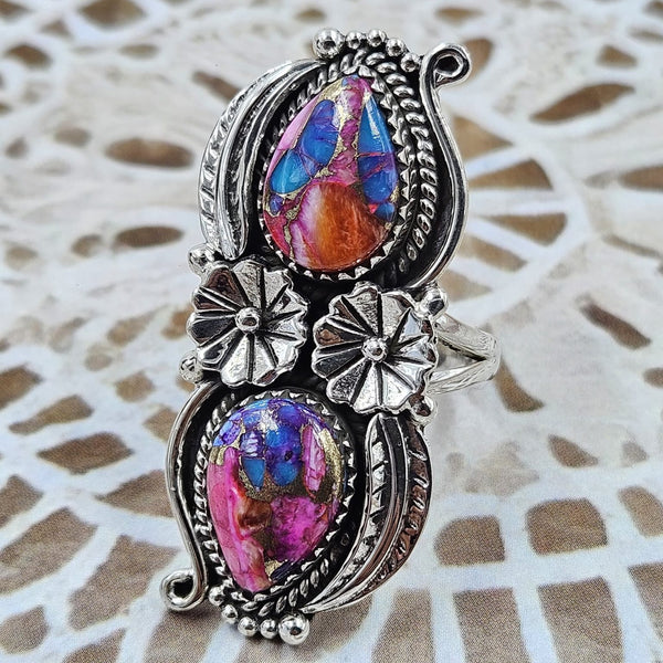 Pink Dahlia Copper Turquoise Statement Ring Southwestern Double Stone Floral New