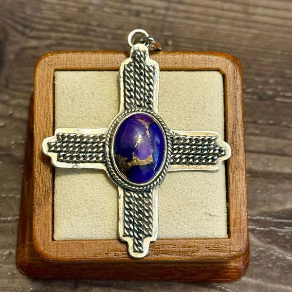 Southwestern Purple Mojave Turquoise Cross Pendant Necklace - Sterling Silver