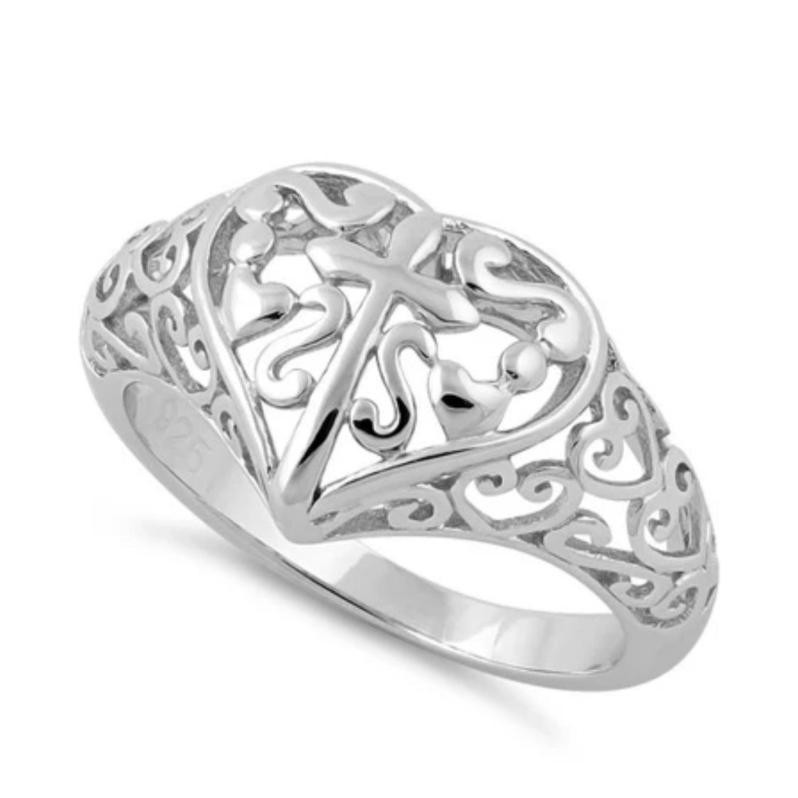 Sterling Silver Cross and Multiple Hearts Ring New