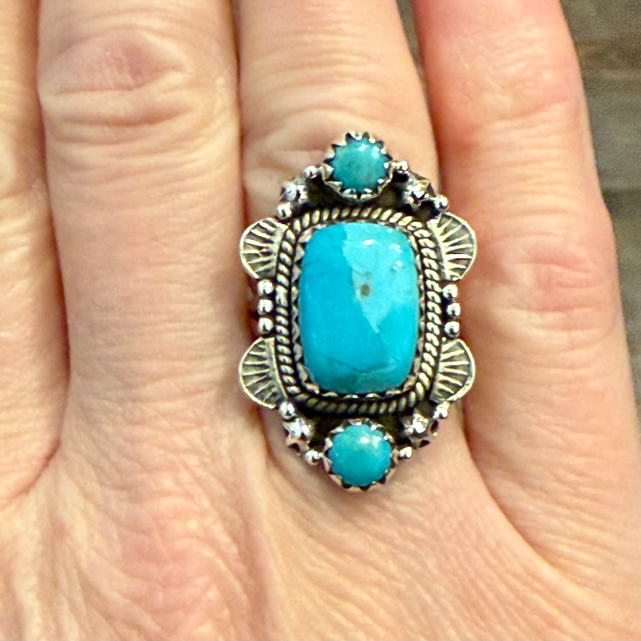 Unique Kingman Turquoise 3 Stone Ring Southwestern Sterling Silver Framed