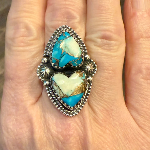 Ice Blue Dahlia Copper Turquoise Southwestern Ring Sterling Silver Heart Sz 8