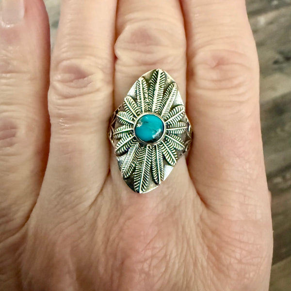 Stunning Southwestern Turquoise Shield Motif Ring Sterling Silver New