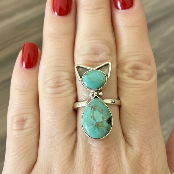 Southwest Kingman Turquoise Cat Ring Artisan Handmade Sterling Silver Adjustable