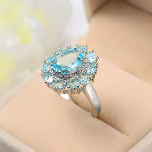 Stunning Round Aquamarine Zircon Sterling Silver Statement Ring Multi Stone New