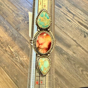 Southwestern Rose Dahlia Turquoise Sea Sediment Jasper Teardrop Statement Ring